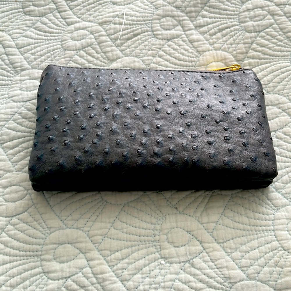 Slate blue like leather crossbody with removable strap. Very soft.